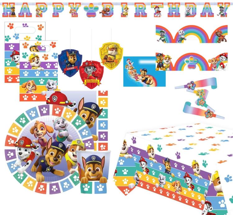 amscan Nouveu motif– Kit Paw Patrol 56 pièces Vaisselle jetable & décoration Chien, héros Animal, Anniversaire d'enfant, fête à thè