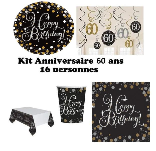 Mgs33 (cde 7) Anniversaire 60 Ans décoration Table 16 Personnes (16 Assiettes, 16 gobelets, 16 Serviettes, 1 Nappe +1 Tourbillon 60