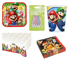 Kit Mario 8 Enfants Complet Anniversaire (8 Assiettes, 8 gobelets, 20 Serviettes, 1 Nappe + 10 Bougi